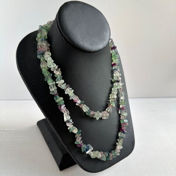 Natural Fluorite Chip Necklace, 35" Long Polished Gemstone Strand, Green & Purpl - Picture 7 of 11